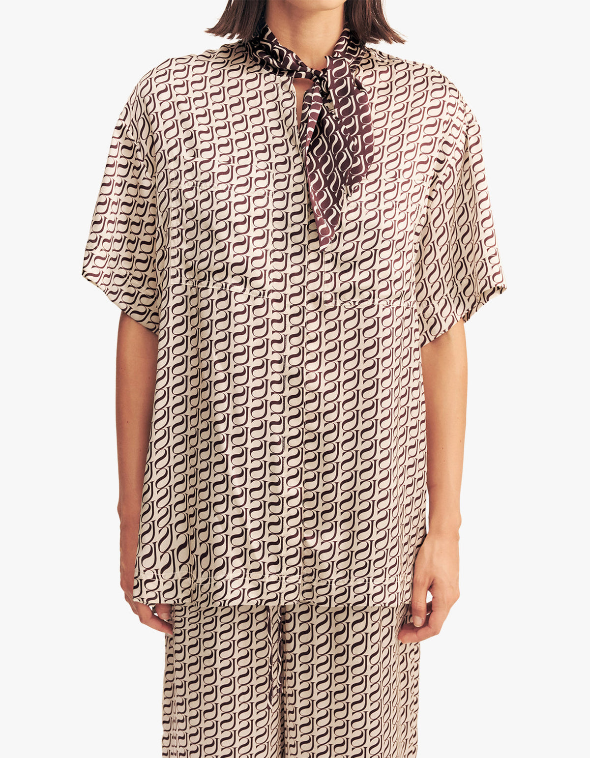 Monogram Silk Contrast Shirt - Espresso Stamp