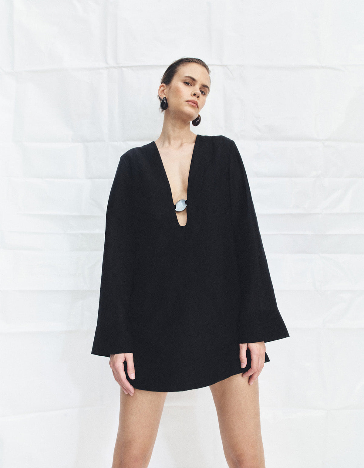 Paloma Plunged Long Sleeve Mini Dress - Black