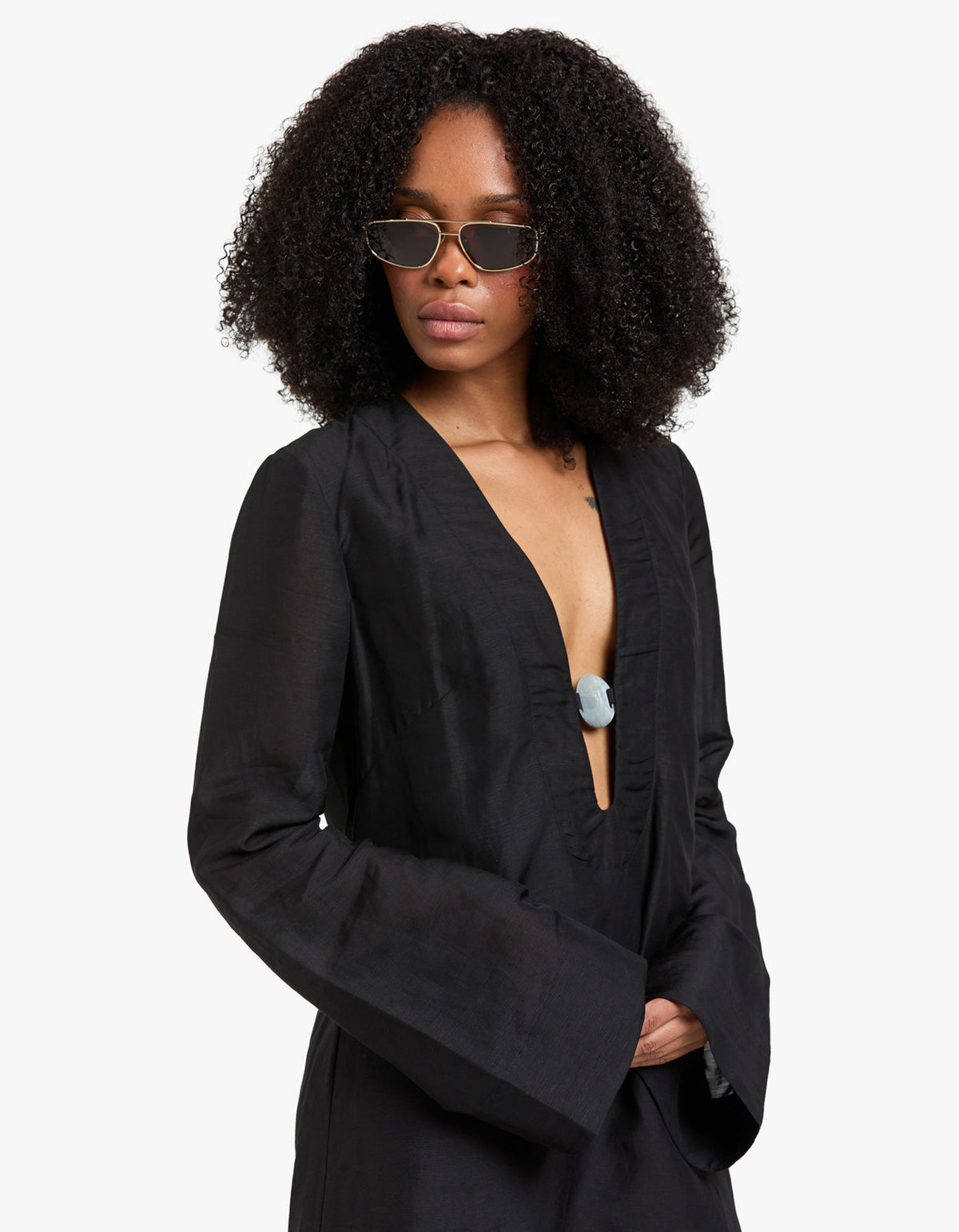 Paloma Plunged Long Sleeve Mini Dress - Black