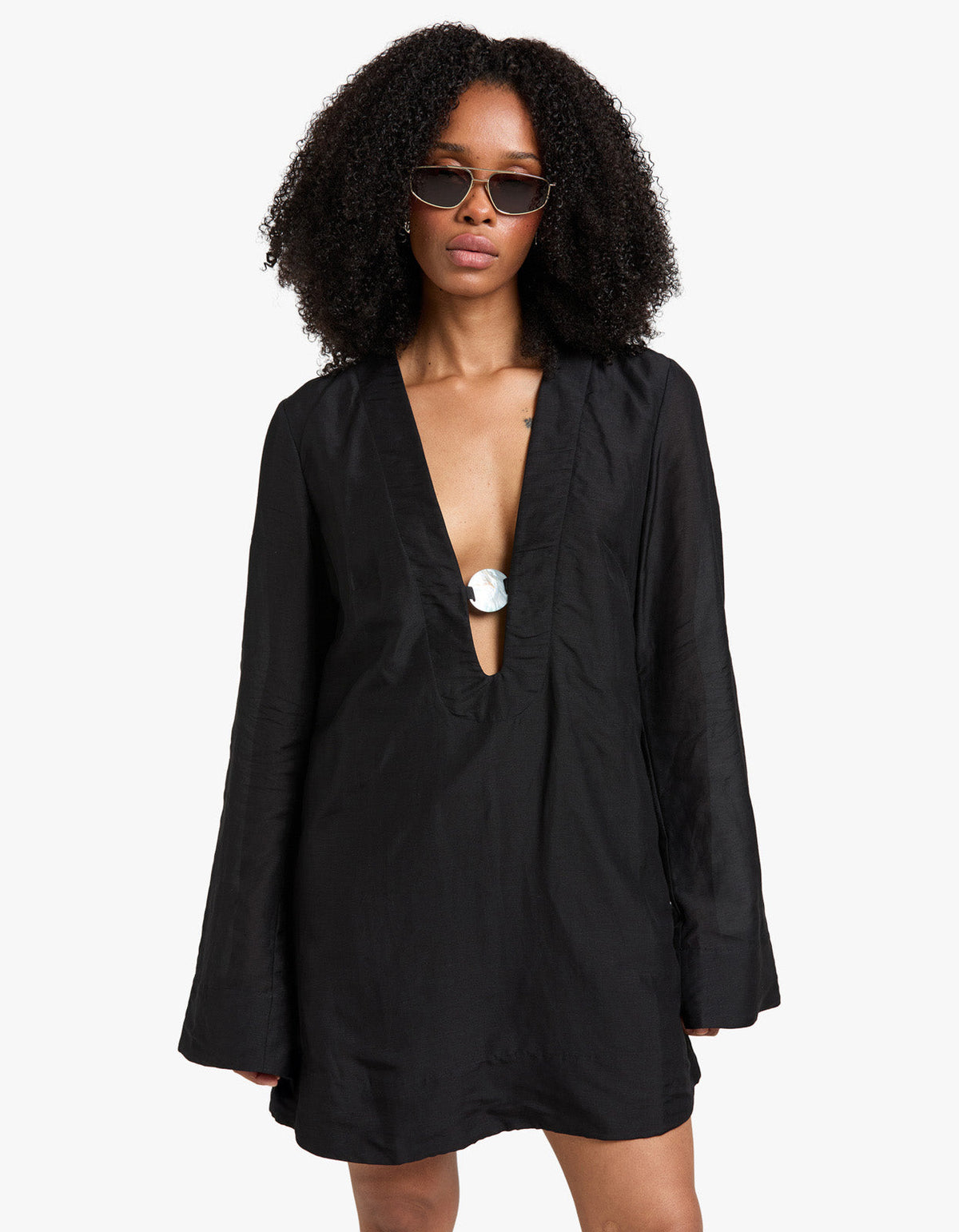 Paloma Plunged Long Sleeve Mini Dress - Black