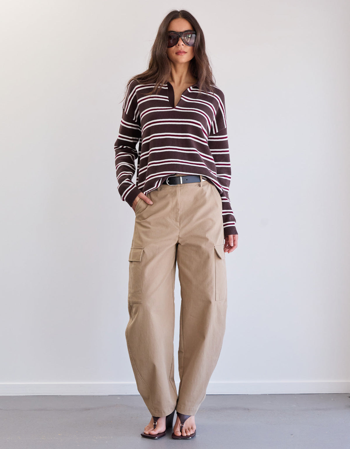 Lorelai Knit Polo - Choc Stripe