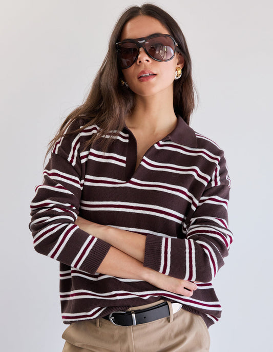 Lorelai Knit Polo - Choc Stripe