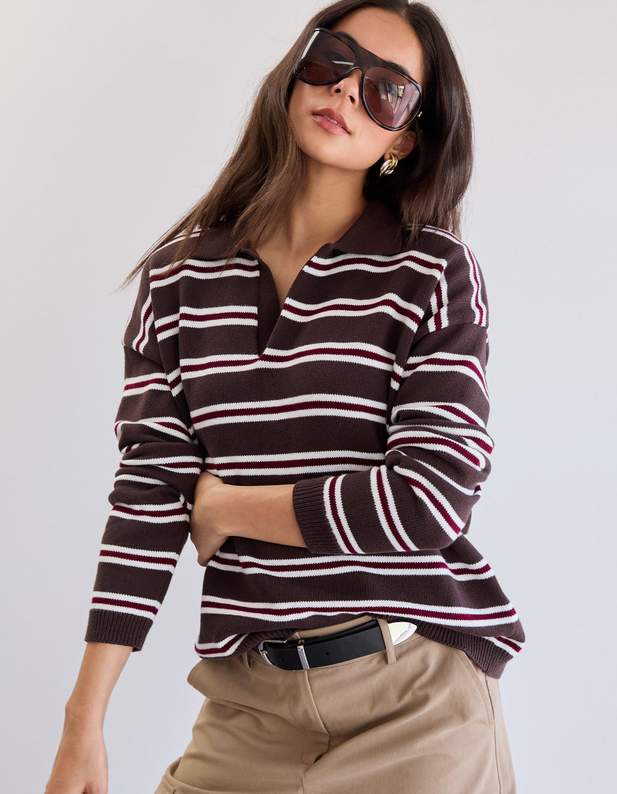 Lorelai Knit Polo - Choc Stripe