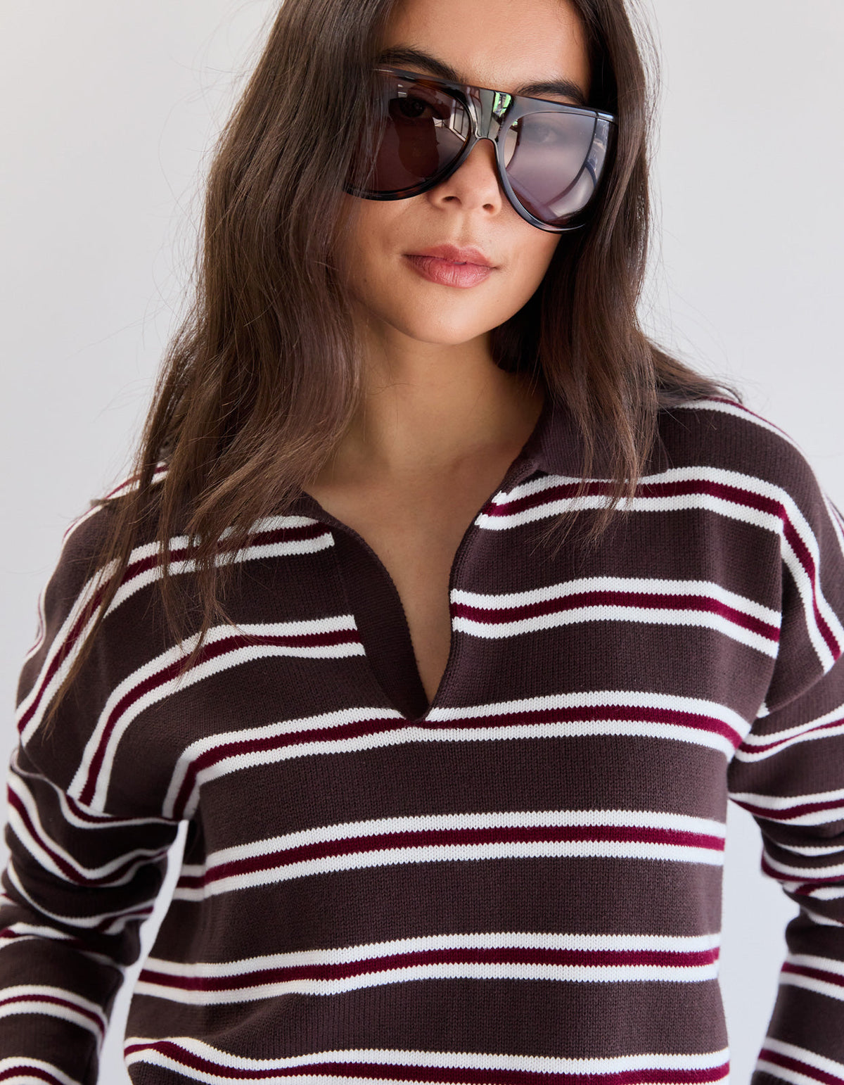Lorelai Knit Polo - Choc Stripe