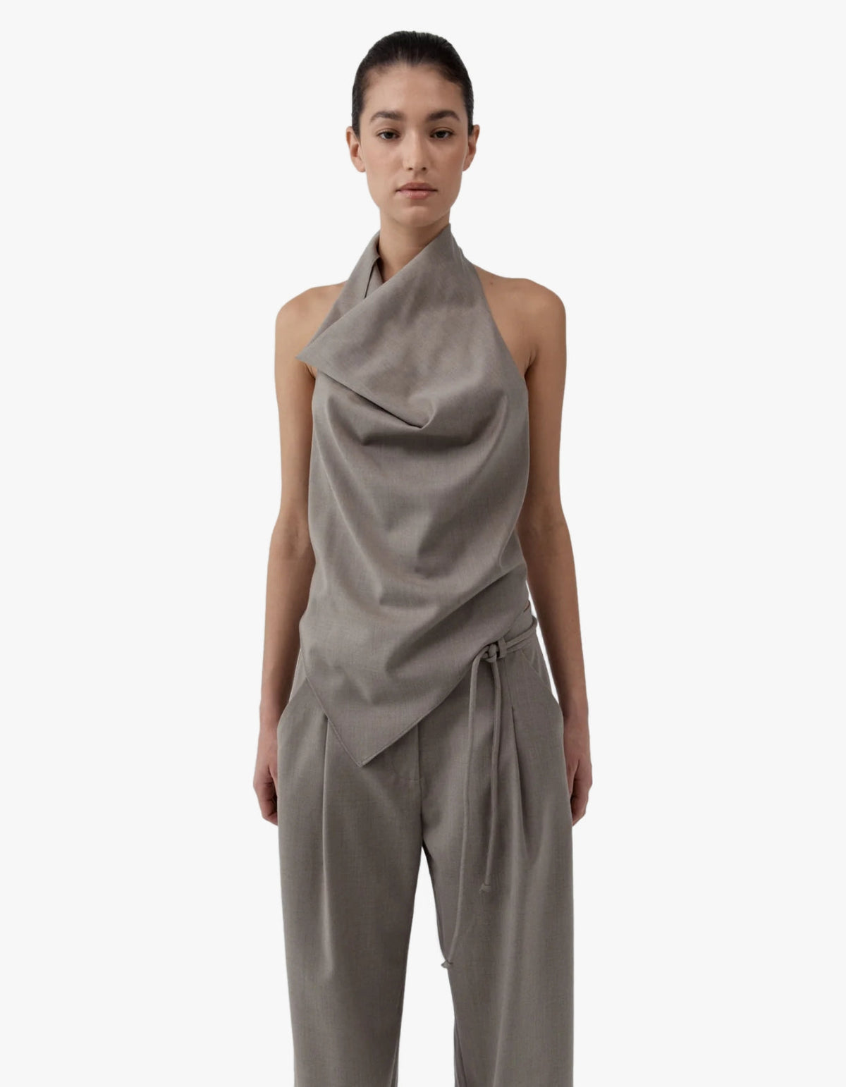 Wool Cowl Backless Top - Light Taupe