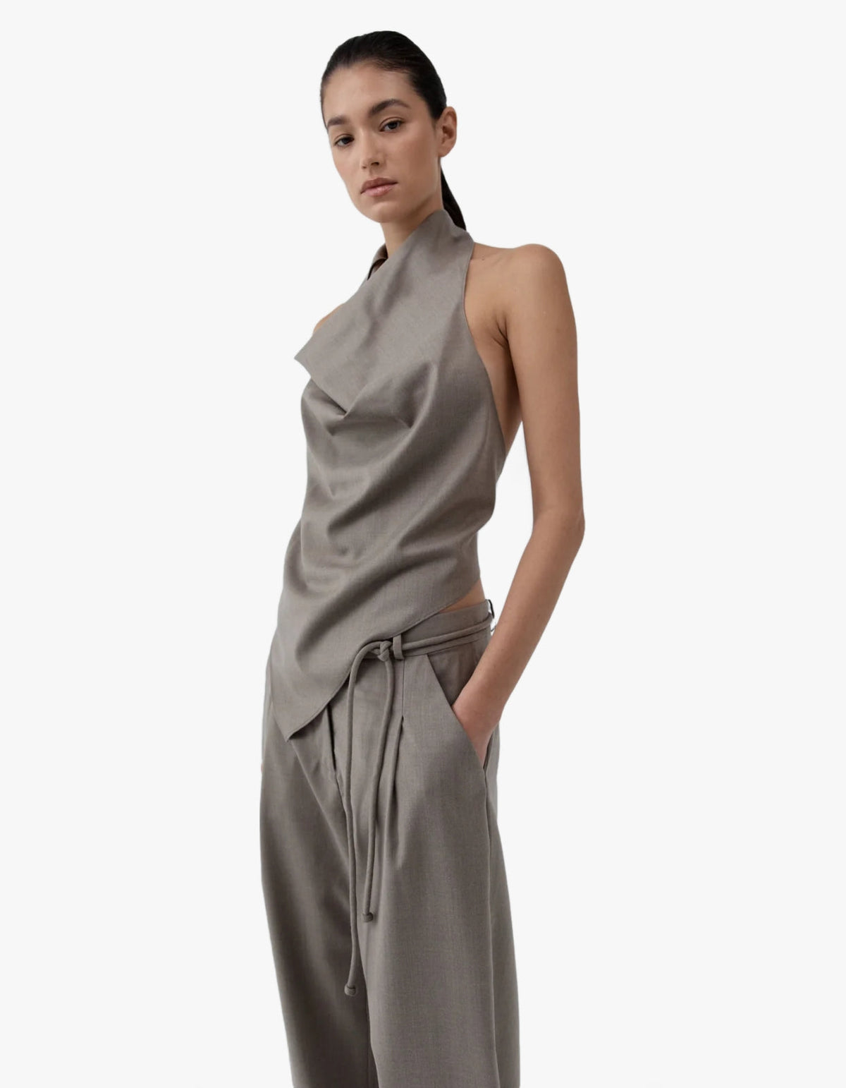 Wool Cowl Backless Top - Light Taupe