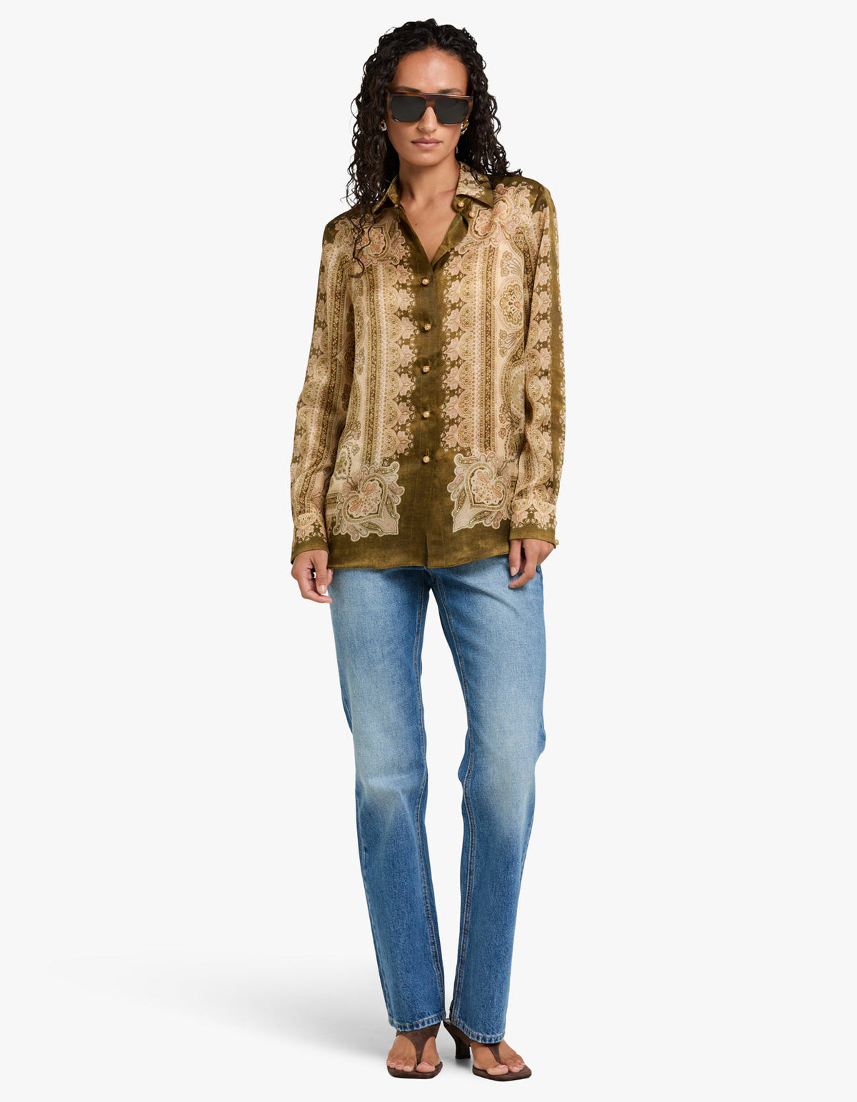 Luna Satin Shirt - Olive Perla Paisley
