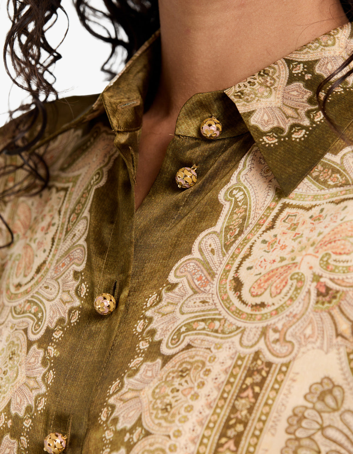 Luna Satin Shirt - Olive Perla Paisley