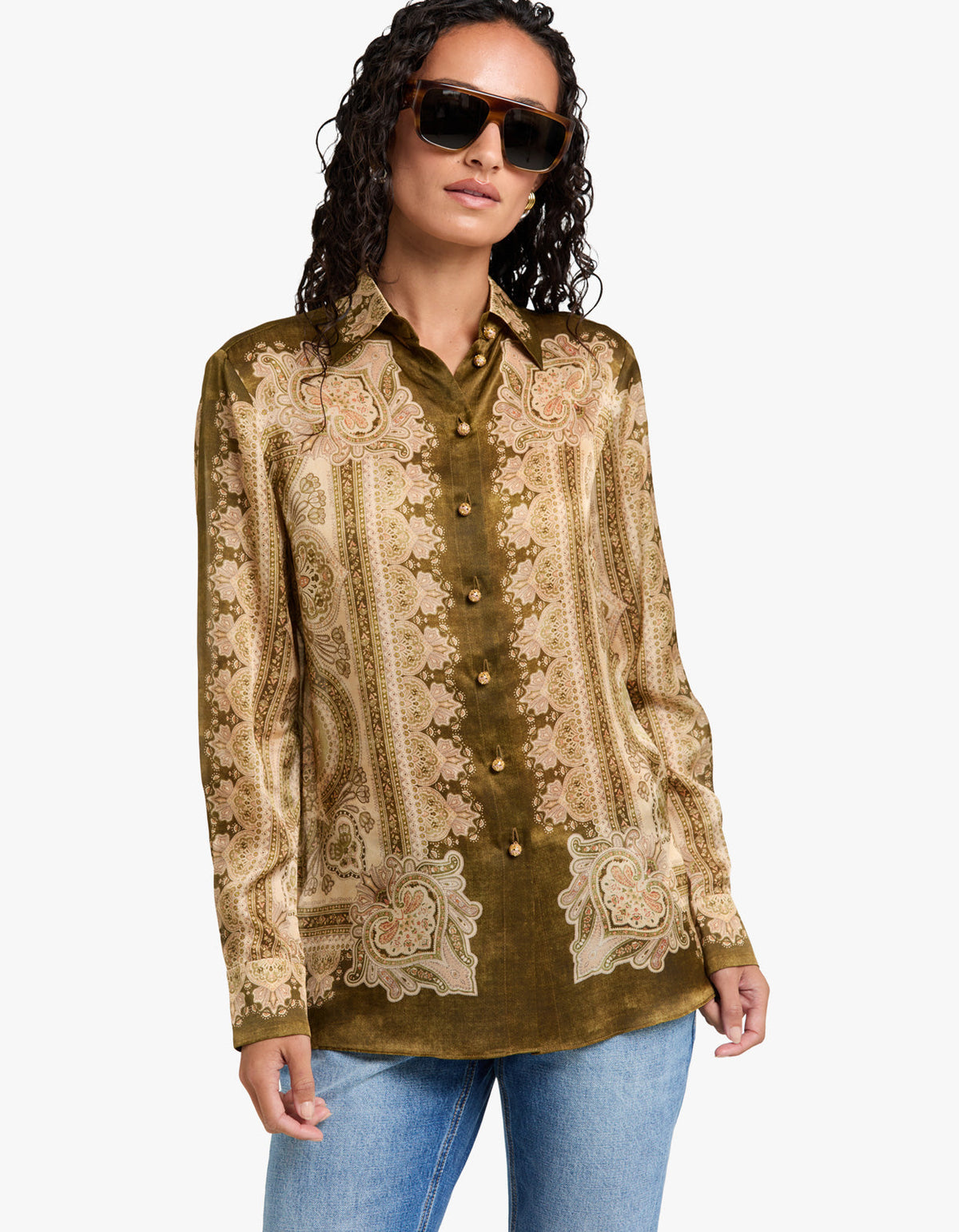Luna Satin Shirt - Olive Perla Paisley