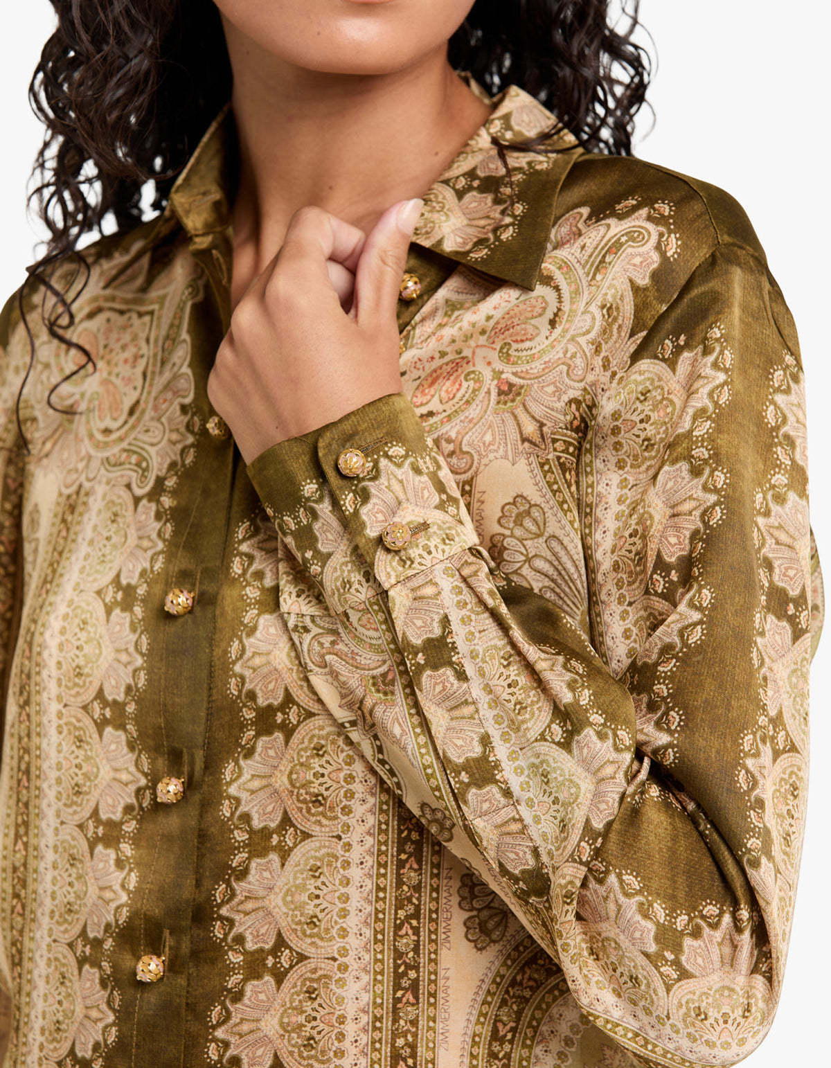 Luna Satin Shirt - Olive Perla Paisley